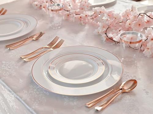 OCCASIONS 120 Plates Pack,(60 Guests) Heavyweight Premium Wedding Party Disposable Plastic Plates Set -60 x 10.5'' Dinner + 60 x 7.5'' Salad/Dessert (White & Rose Gold Rim) - Image 3