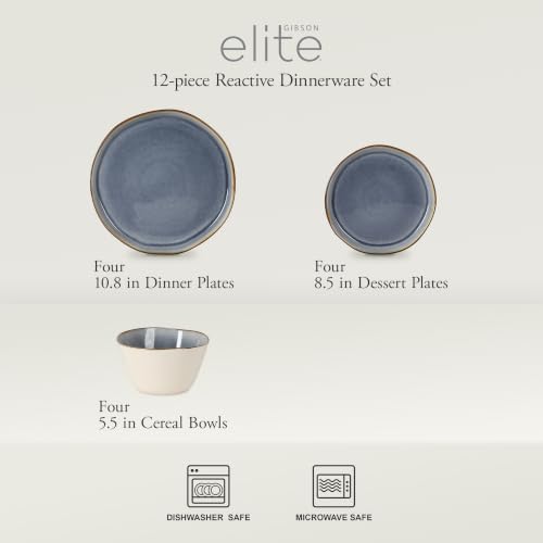 Gibson Elite Algeria River Plates and Bowls Sets, 12-Piece Stoneware Dinnerware Sets, Reactive Glaze Dish Set - Blue - Image 2