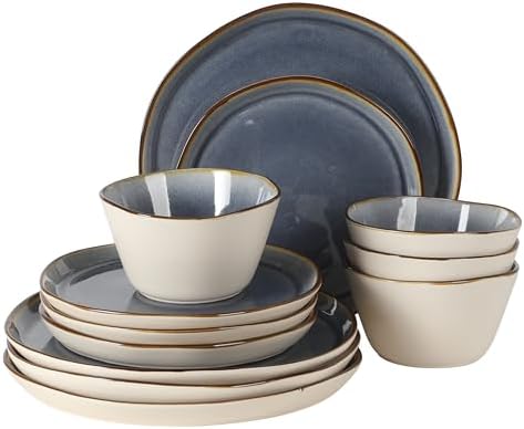 Gibson Elite Algeria River Plates and Bowls Sets, 12-Piece Stoneware Dinnerware Sets, Reactive Glaze Dish Set - Blue by GibsonHomewares