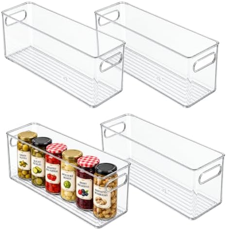 Plastic Food Storage 4 Pack Clear Container Bin with Handles for Organizing Kitchen, Pantry, Refrigerator, Freezer, Pantry, Cabinet, Closet, Bathroom. 12”x4”x5” by primebox