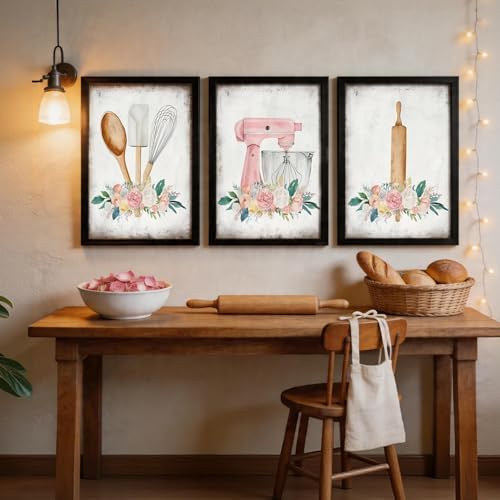 Doqueodas 3Pcs Pink Floral Baking Kitchen Theme Wall Art 12x16 Inch Framed - Image 2