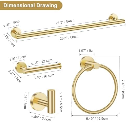 Lairuier Brushed Gold Bathroom Hardware Set, 10PCS Towel Bar Set Wall Mount - Image 6