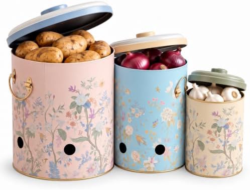 MARIA ROMA Metal Potato and Onion Storage Bin Set of 3 with Garlic Keeper - Vintage Metal Kitchen Canisters, Vegetable Storage Containers - Farmhouse Rustic Pantry Organization by MARIAROMA