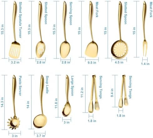 304 Gold Stainless Steel Cooking Utensils Set, 11 PCS Long Large Metal Cooking Utensil Tools Set with Fork, Spatulas, Spoons, Skimmer, Ladle, Pasta Server, Tongs - Image 2