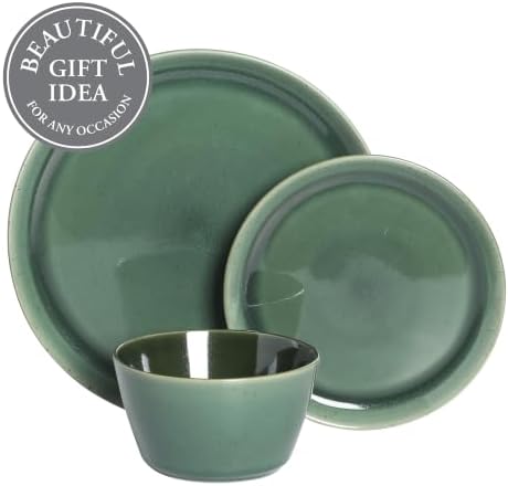 Gibson Elite 12 Piece (Service for 4) Fern Canyon Plates and Bowls Reactive Glaze Modern Coupe Round Dishes Stoneware Ceramic Dinnerware Set - Glossy Green - Image 4