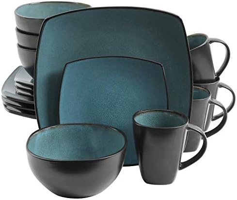 Gibson Elite Soho Lounge 16-Piece Reactive Glaze Dinnerware Set – Teal and Black Tutone Stoneware Plates and Bowls by GibsonHomewares