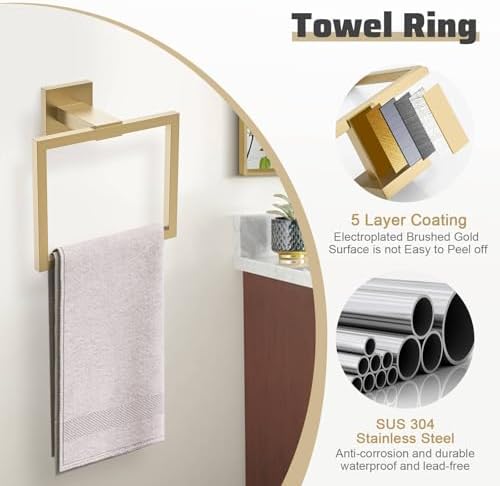 5-Piece Towel Bar Set Brushed Gold Bathroom Hardware Accessories Set Includes Upgraded Double Base Toilet Paper Holder,Modern Square Towel Holder Set Stainless Steel Wall Mount 23.6 Inch - Image 4