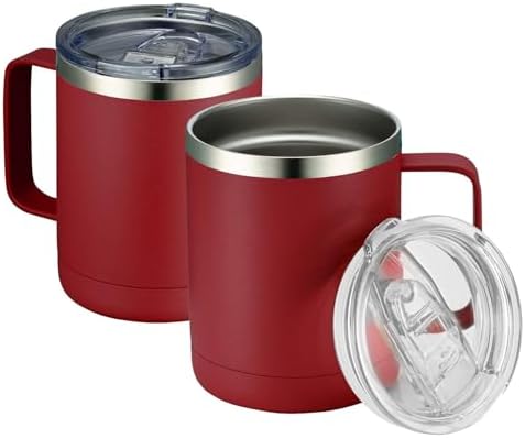 MEWAY 12oz Coffee Mug With Handle 2 Pack Bulk,Stainless Steel Insulated Travel Tumblers With Sliding Lid,Double Wall Vacuum Camping Cup for Hot & Cold Drinks Tea (Red,Set of 2) by MEWAY
