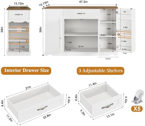 HOSTACK 47" W Kitchen Island Cart with Storage, Rolling Island Table, White - Image 3