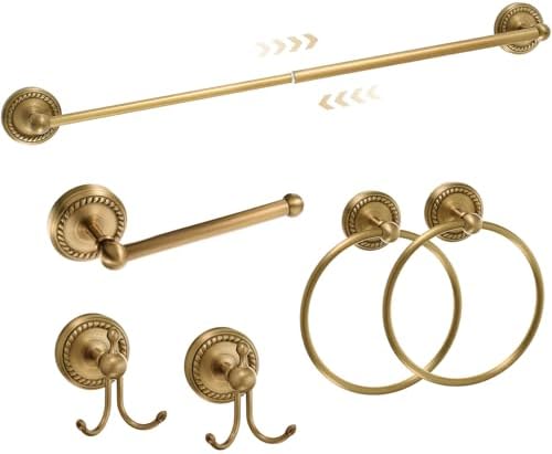 6 Pcs Antique Brass Gold Bathroom Accessories Set 15.7"-26.7" Solid Brass Towel Bar, Towel Ring, Toilet Paper Holder, Robe Hook, Wall Mounted Vintage Bath Hardware Fixture Set by Otoolling