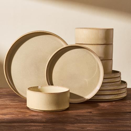Dinnerware Set for 4, Reactive Glaze Plates and Bowls Sets by FamiwarePremium