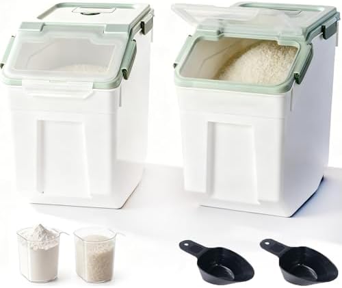 RUIAN Large Airtight Storage Container, 25lb Flour Rice Storage Containers Bin with Wheels Seal Locking Lid, with Measuring Cup&Scoop for Flour, Rice, Grain (Green, 2PCS) by RUIAN
