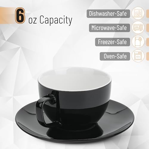 BTaT- Cappuccino Cups with Saucers 6 oz, Set of 6, Black Porcelain Coffee Cup and Saucer Set for Latte, Mocha, Tea, Au Lait, Flat White, Dishwasher, Microwave, Freezer and Oven Safe - Image 3