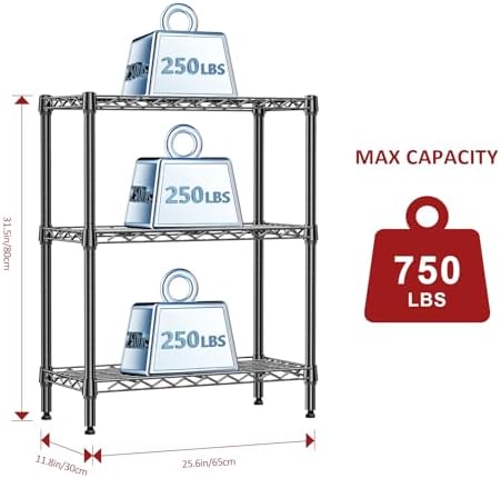 IZEUK 3 Tier Heavy Duty Steel Storage Shelves, Metal Shelf Wire Shelving Rack for Pantry, Kitchen, Cloakroom or Office Organization (11.8" D x 25.6" W x 31.5" H, 750LBS, Black) - Image 3