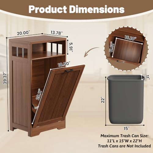 Pet-Proof Single 13 Gallon Tilt Out Trash Can Cabinet with Open Storage – Hide Garbage & Recycling Bins to Keep Your Kitchen Clean and Organized,Walnut - Image 3