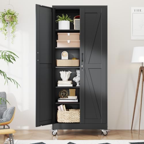 Metal Storage Cabinets with Wheels, Steel Tool Cabinets Lock Door and 5 Adjustable Shelves for Home Office, Garage, Kitchen (Black, 74.8" H) by Unknown