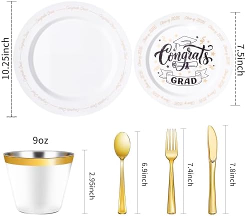 Goodluck 350 Piece Graduation Gold Plastic Dinnerware Set for 50 Guests - Image 3