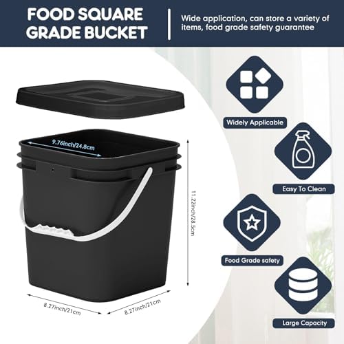 Mumufy 8 Pcs 3.5 Gallon Square Food Grade Bucket with Lid, Black - Image 2