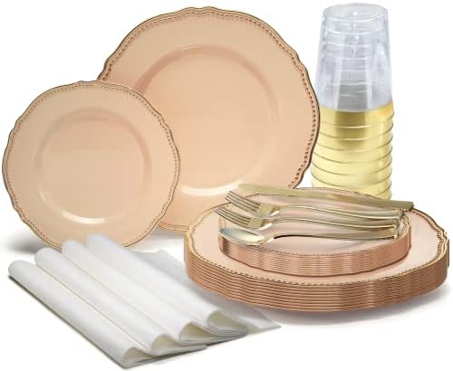 " OCCASIONS " 320pcs set (40 Guests)-Heavyweight Wedding Party Disposable Plastic Plate Set -40 x 10.25'' + 40 x 7.5'' + Silverware + Cups + Napkins (Rochelle Antique Rose and Gold) by OCCASIONSFINESTPLASTICTABLEWARE
