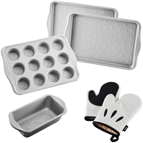 Farberware Disney Bake with Mickey Mouse Nonstick Bakeware Set/Baking Pans with Disney Home Oven Mitts, Cookie Pans, Muffin/Cupcake and Loaf Pan, 6 Piece - Black by Farberware