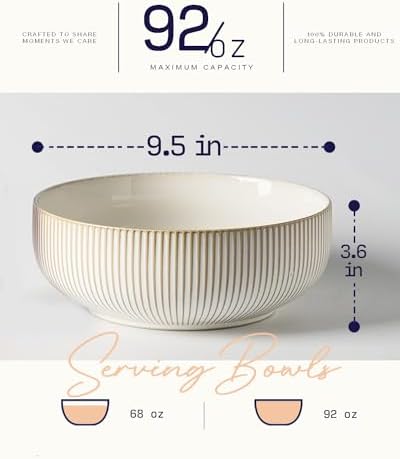 getstar Large Serving Bowls (9.5 inch & 92 fl oz), Ceramic Salad Bowl Set of 2, Microwave and Dishwasher Safe (Embossed Stripes) - Image 3