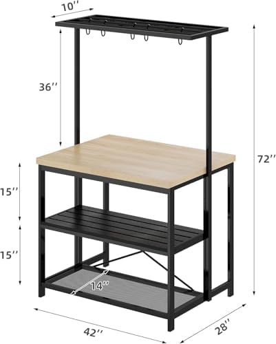 GarveeHome Kitchen Island with Storage, 42''Island Table for Kitchen, Bakers Rack Microwave Oven Stand Shelf with 3 Tier Storage Shelf for Dining Room Living Room, 5 Hooks 42"*28"*72", Natural - Image 5