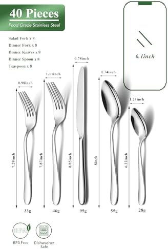 40 Piece Silverware Set for 8, Stainless Steel Flatware Set, Cutlery Sets with Mirror Finish, Dishwasher Safe, Modern Kitchen Forks, Spoons, Knives, Eating Utensil Sets - Image 2