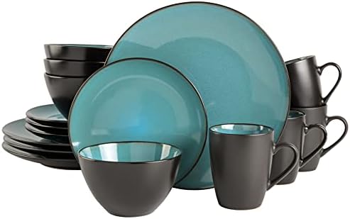 Gibson Elite Soho Lounge 16-Piece Round Reactive Glaze Stoneware Dinnerware Set, Service for 4 – Teal Plates and Bowls by GibsonHomewares