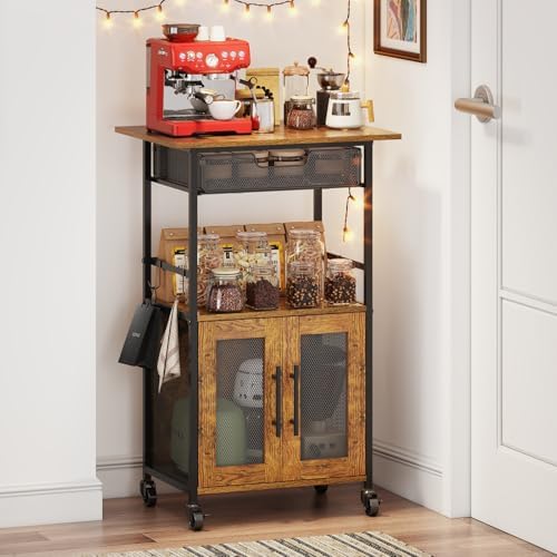 3 Tier Slim Rolling Coffee Cart with 2-Door & Pull-Out Wire Basket Drawer, Coffee Bar Cabinet on Lockable Casters, 32.7" H Microwave Cart with Storage for Home, Kitchen, Living Room (Rustic Brown) by Hencawima