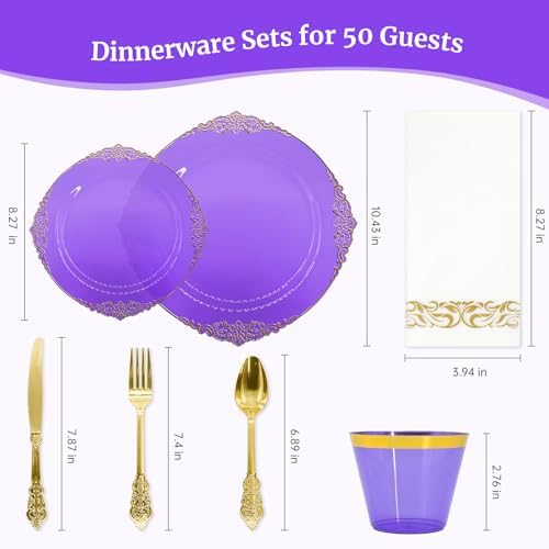 AIRE Purple Gold Plastic Plates Set, 350PCS Disposable Dinnerware for 50 - Image 2