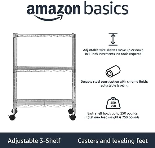 Amazon Basics 3-Shelf Heavy Duty Adjustable Wire Shelving Storage Rack on 2" PP Plastic Wheel Casters, Steel Utility Shelving Unit for Garage and Laundry Room, 23.2" x 13.4" x 32.75", Chrome - Image 2