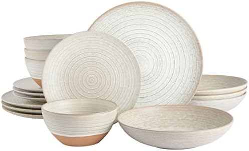 Gibson Elite 16 Piece Dreamweaver Double Bowl Terracotta Reactive Dinnerware Set - Sand Cream, Service for 4 (16pcs) by GibsonHomewares