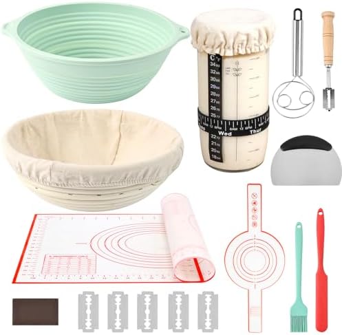 Sourdough Bread Baking Supplies, Banneton Bread Proofing Basket, 10 Inch Oval & Round Bread Baskets with Liners & Covers, Sourdough Starter Kit by Tunyet