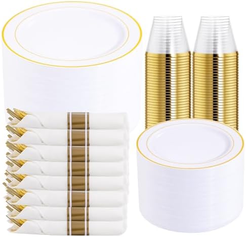DaYammi 350PCS Gold Plastic Dinnerware Set for 50 Guests by DaYammiwillaccompanyyou