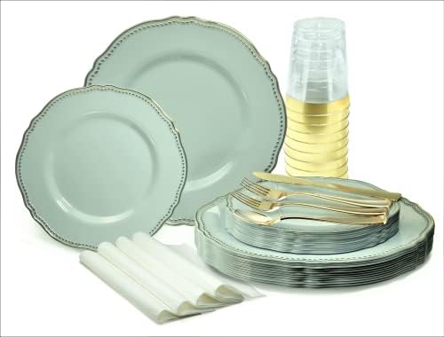 " OCCASIONS " 200pcs set (25 Guest)-Wedding Disposable Plastic Plates & cutlery - 10.25'', 7.5'' +paper napkins, Gold rim cups & Silverware (Rochelle Seafoam/Mint and Gold)) by OCCASIONSFINESTPLASTICTABLEWARE