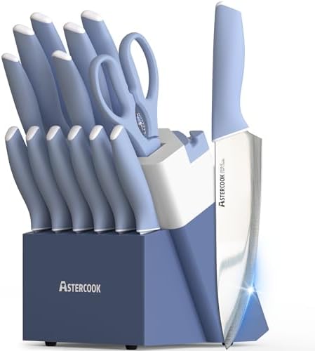 Astercook Kitchen Knife Set with Block and Sharpener 15 Piece German High Carbon Stainless Steel Sharp Blade Dishwasher Safe with Ergonomic Handle, Delicate Blue by Astercook