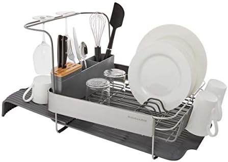 KitchenAid Compact to Full Size Expandable, Rust Resistant Satin Coated Dish Rack with Angled Self Draining Drain Board and Removable Flatware Caddy, 24-Inch, Charcoal - Image 6