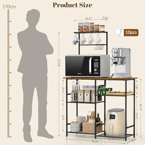 3IngSeagulls Baker's Rack for Kitchen with Storage, Microwave Stand with Adjustable Shelves and 10 S Hooks, 6-Tier Coffee Bar Station, Kitchen Shelves for Spices, Pots, Rustic Brown - Image 2