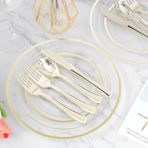 BESTVIP 300 Pcs Clear Gold Plastic Dinnerware Set for 50 Guests - Image 2