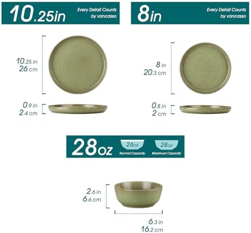 vancasso Plates and Bowls Sets, 24 Pieces Stoneware Dinnerware Set for 8, Ceramic Dish Set for Kitchen, Microwave and Dishwasher Safe, Mossy Green, Series ZERMATT - Image 2