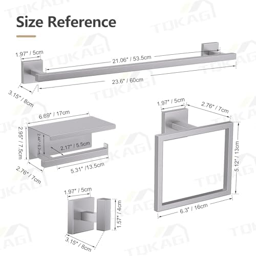 TQKAG 5-Pieces Brushed Nickel Bathroom Hardware Accessories Set 23.6" SUS304 Stainless Steel Towel Bar Set Wall Mounted Square Toilet Paper Holder with Shelf - Image 6