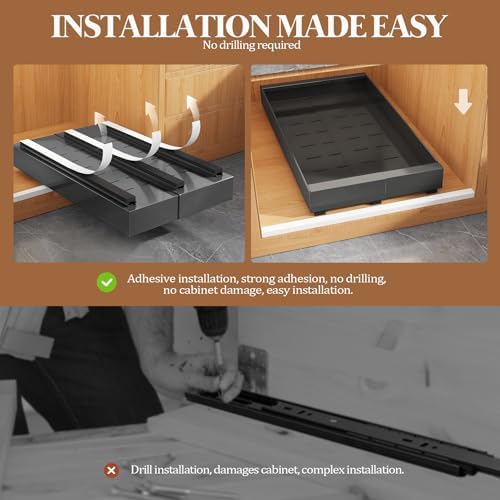 Seinloes 4 Pack Expandable Pull Out Cabinet Organizer 21" Deep With Raising Pad for Framed Cabinets,Upgrade 3 Slide Rails Slide Out Drawers,No Drill Roll Out Shelves,Adjustable Width 9"-14" Black - Image 6