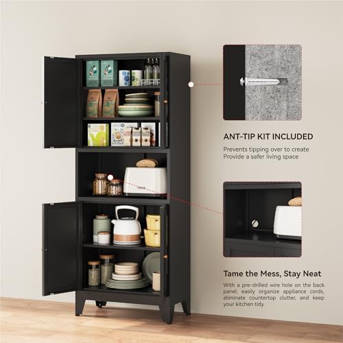 YAUWOH 69" Tall Metal Pantry Cabinet with Microwave Shelf, 4 Doors & 3 Adjustable Shelves, 120LBS Per Shelf Heavy Duty Storage Cabinet with Anti-Tip Design for Kitchen,Dining Room (1PC,Black) - Image 4