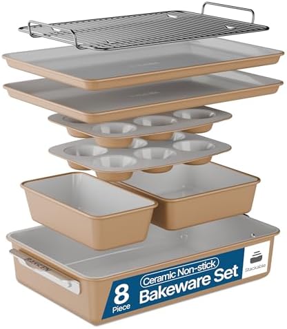 Bakken 8-Piece Stackable Bakeware Set – Ceramic Non-Stick, Oven-Safe Baking Sheets & Pans, PTFE/PFOA/PFOS-Free, Ergonomic Handles, Includes Cooling Rack – Healthy, Non-Toxic Baking Essentials, Gold by Bakken-Swiss