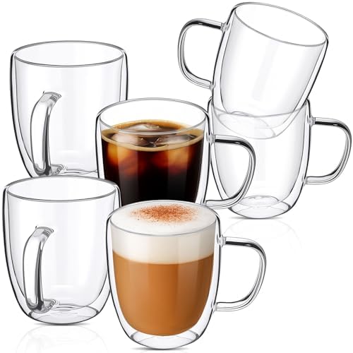 Patelai Glass Coffee Mugs Set of 6, 16 oz Clear Double Walled Coffee Cups Glasses Insulated Latte Mugs with Handle Espresso Clear Cups for Hot and Cold Beverages by Patelai