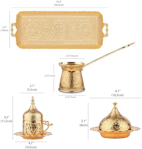 Alisveristime Premium Turkish Coffee Set - 12-Person Turkish Coffee, Cezve, 2-Person Cups, Delight Bowl, and Tray (4 Colors) (Gold) - Image 3