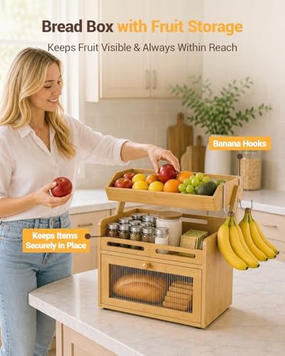 Bread Box for Kitchen Countertop, Bamboo Bread Storage with Fruit Basket - Image 3