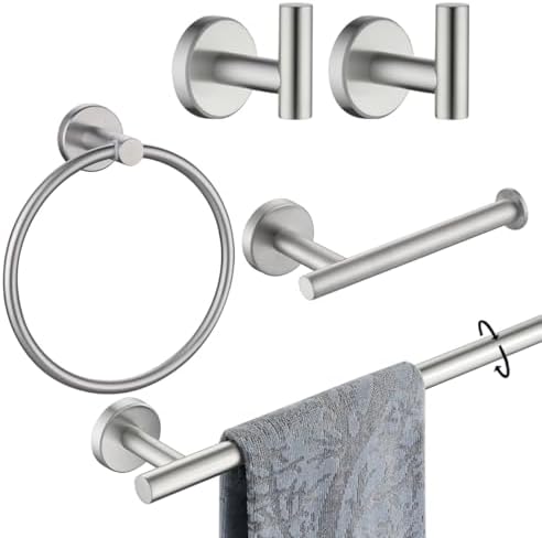 JQK Bathroom Hardware Set Brushed Steel, 5-Piece Bath Accessories Set Wall Mount Includes 24 in Towel Bar, Towel Ring, Toilet Paper Holder, 2 Towel Hooks, BAS125-BN by Homeimprovement