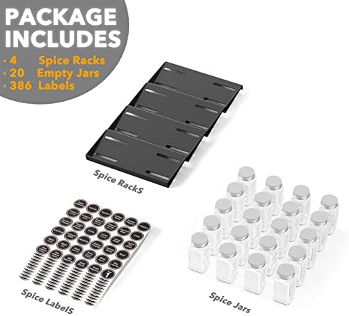 SpaceAid Spice Drawer Organizer with 20 Spice Jars, 386 Spice Labels, 4 Tier Seasoning Rack Tray Insert for Kitchen Drawers, 9-1/2" Wide x 17-1/2" Deep - Image 5