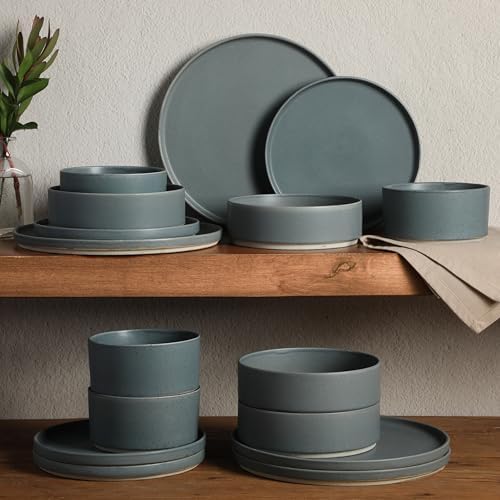 Gibson Elite Tatum Premium Porcelain Matte Reactive Glaze 16-Piece (Service for 4) Plates and Bolws Stackable Dishes Ceramic Dinnerware - Blue - Image 3